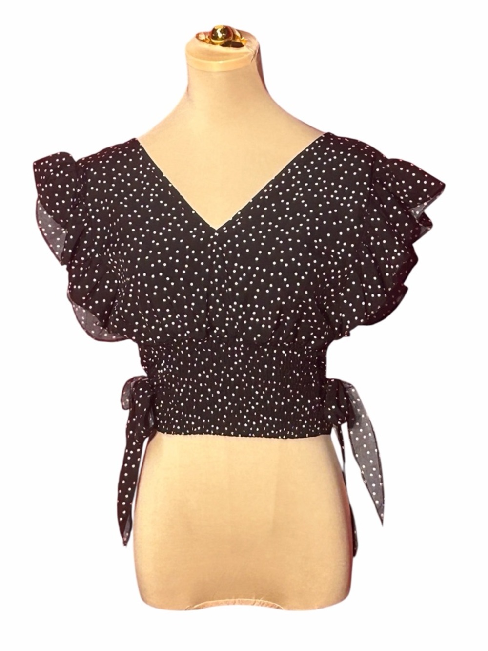 Lyaner Black Polka Dot Smocked Crop Top Size Medium